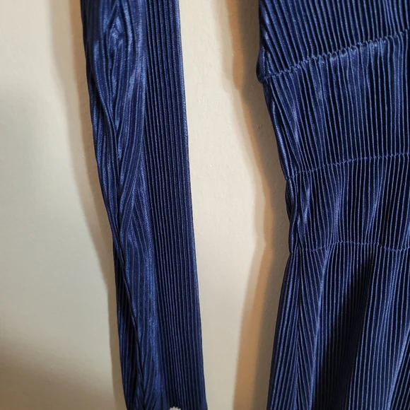 Zara Navy Blue Long Sleeve Gathered Waist Pleated Scoop Neck Midi Dress Size L - Picture 4 of 7